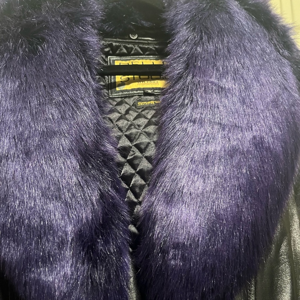 NWT Wilsons Purple Faux Fur LIMITED EDITION Vintage Black Leather Jacket Coat - Picture 5 of 9